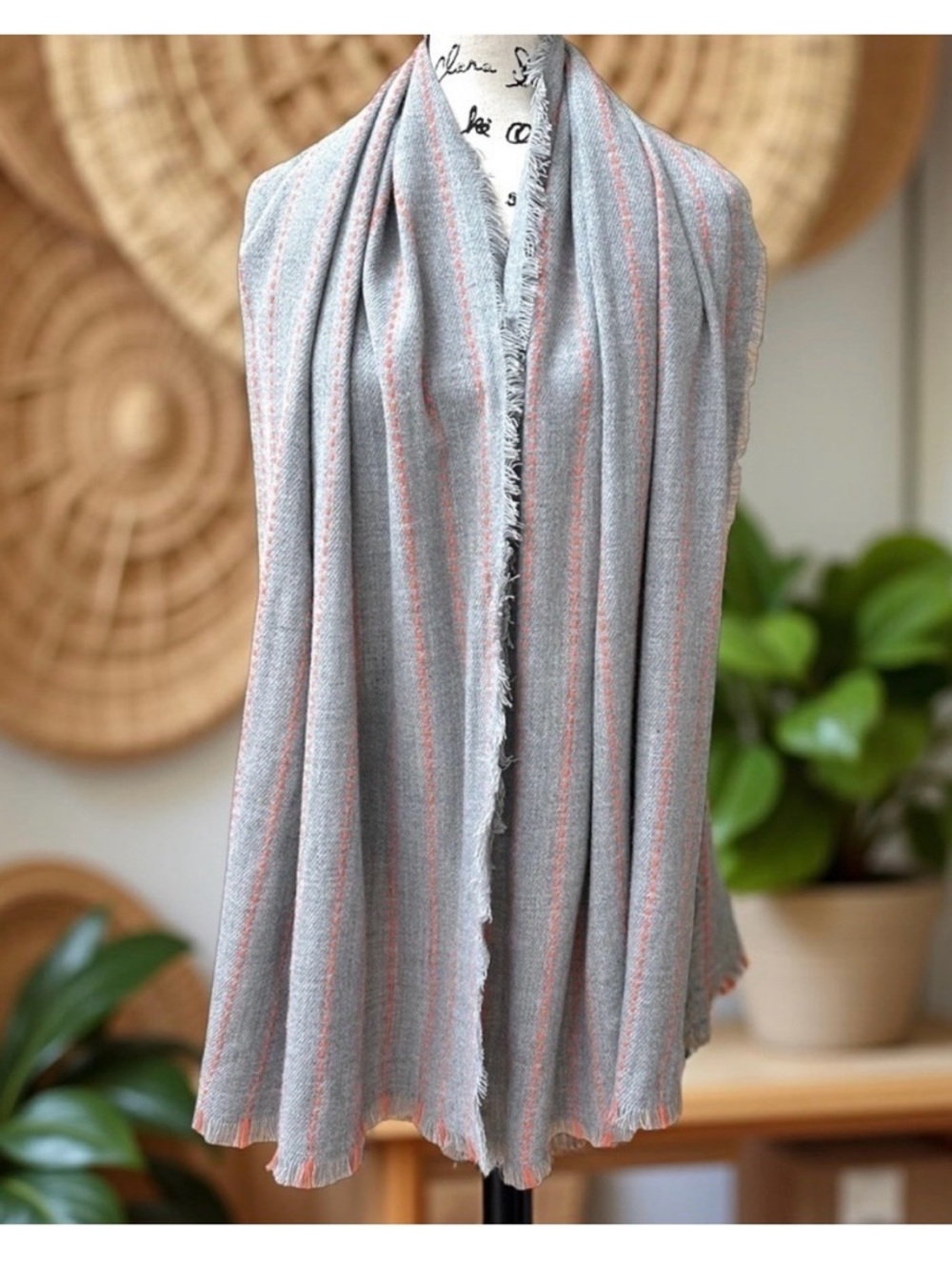 Gray Scarf with Coral Stitch Stripes | Soft Lightweight Fringe Wrap Shawl NWT - Picture 9 of 9